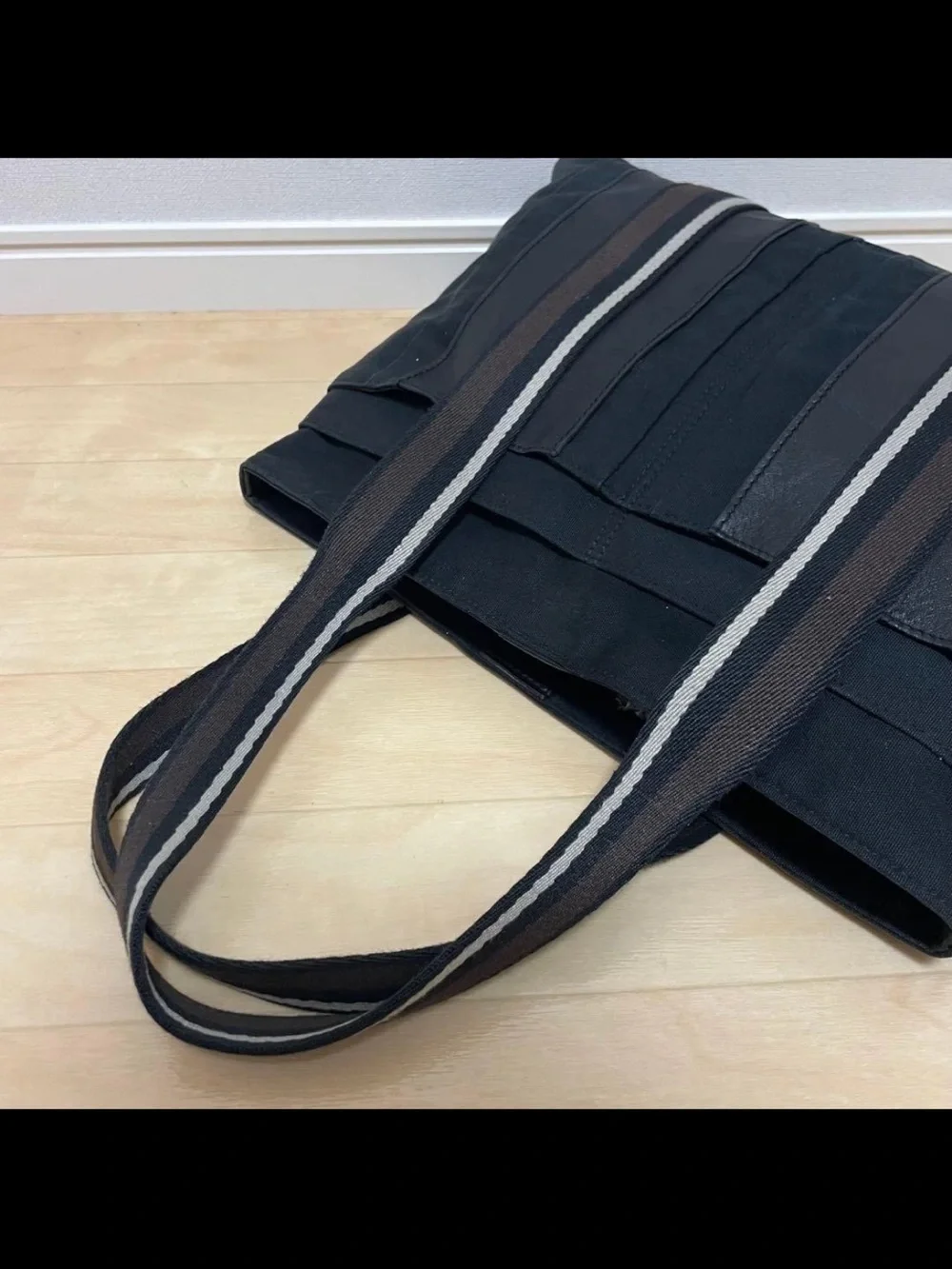 Hermes Black Tote with Striped Webbing Handles